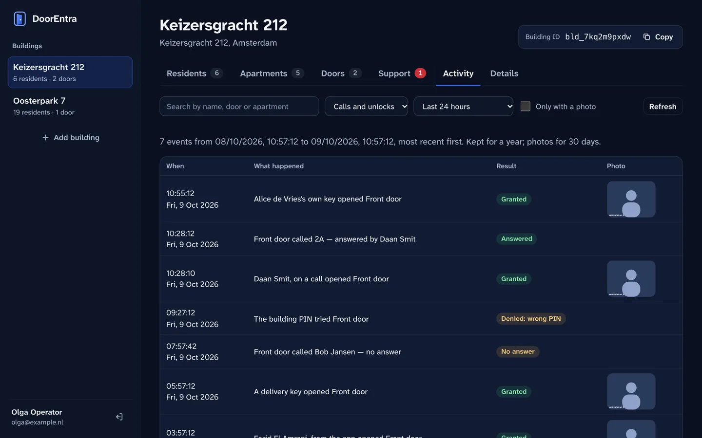 The management console's activity log with a photo thumbnail beside each opening.