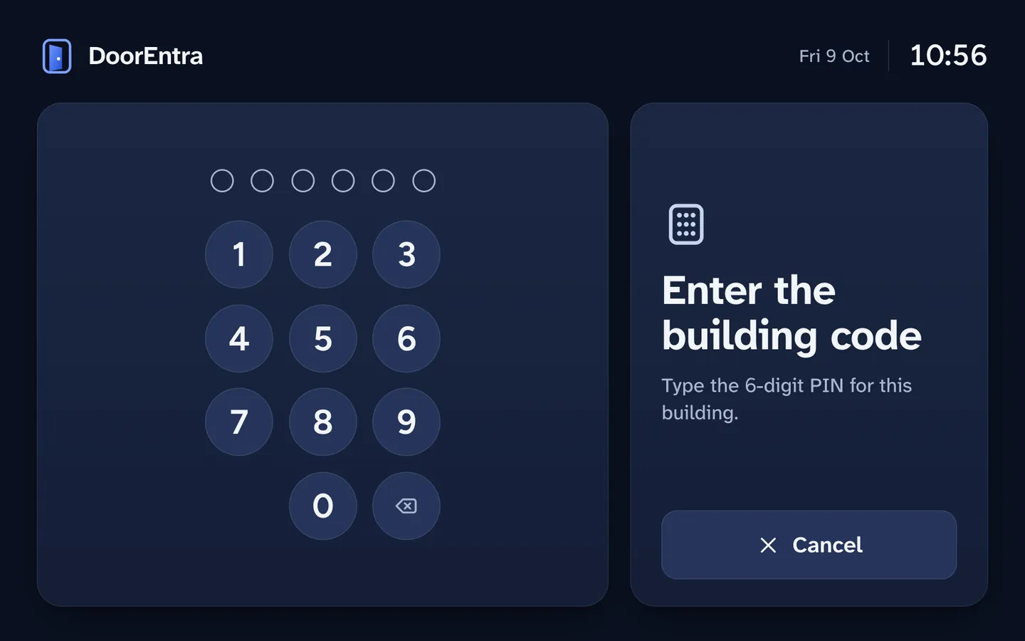The door tablet's PIN pad with six empty digits and a keypad.