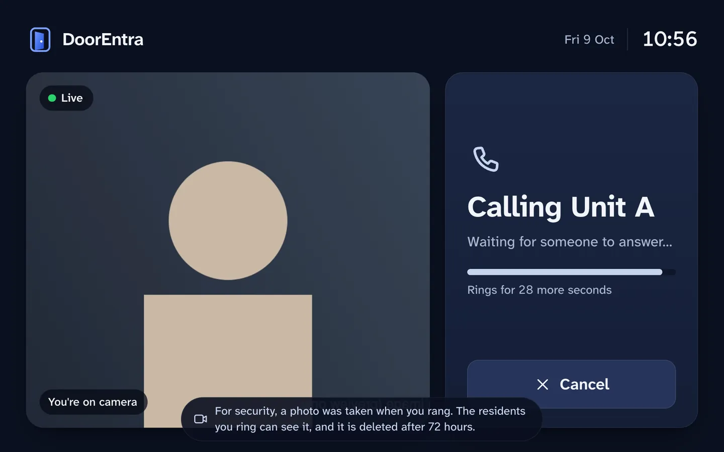 The door tablet while calling, with a live preview and a notice that a photo was taken.