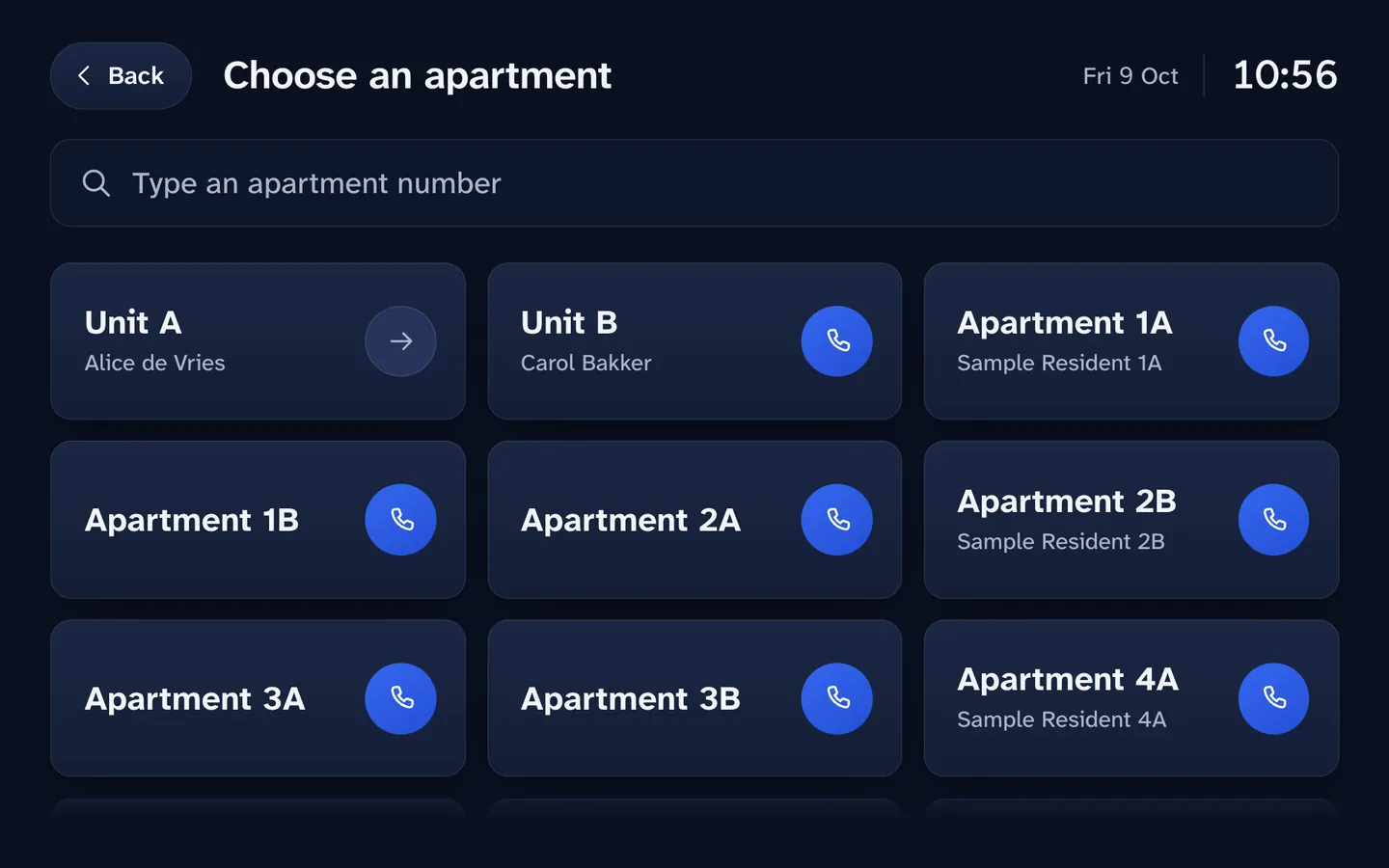 The door tablet showing a grid of apartments to call, with a search field for an apartment number.