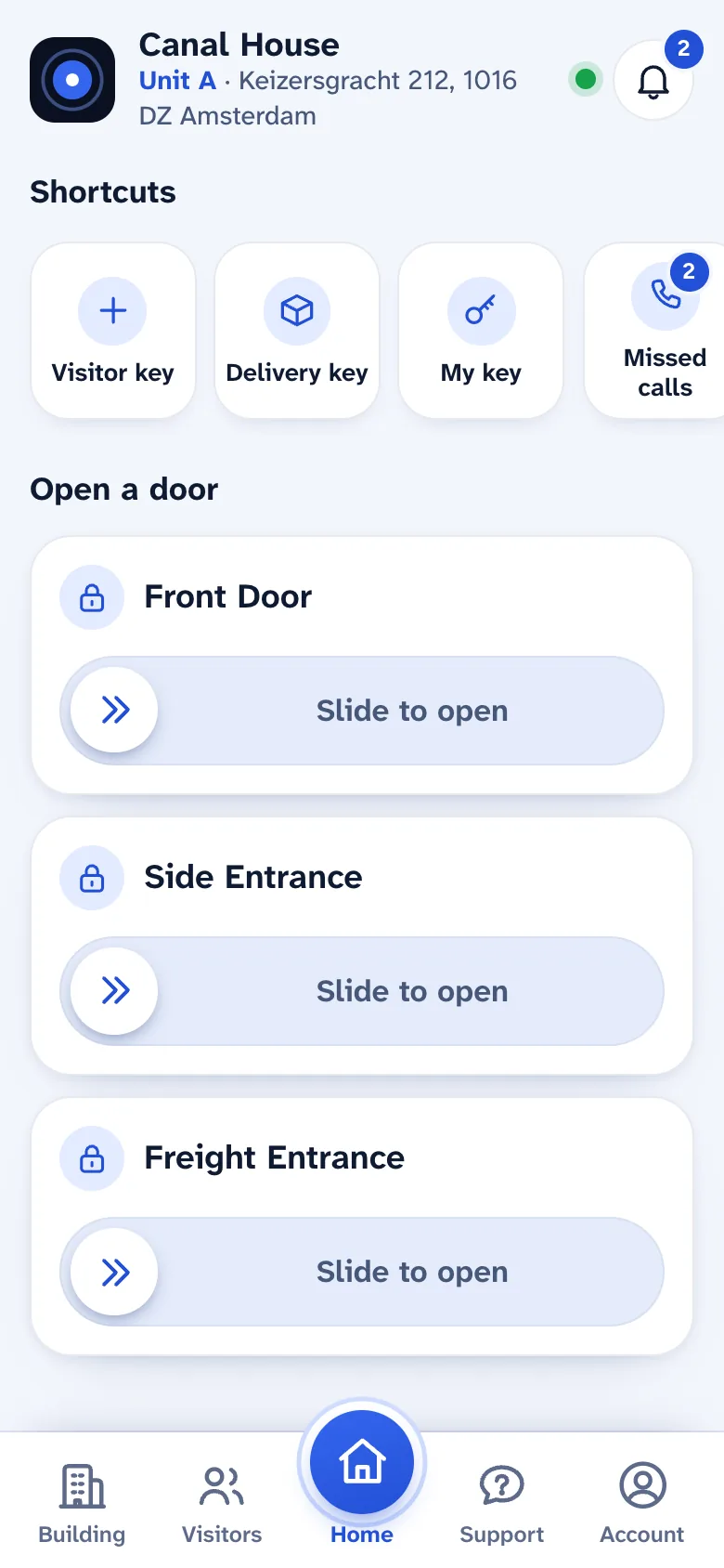 The resident app's home screen with a slide to open the building's door and shortcuts.