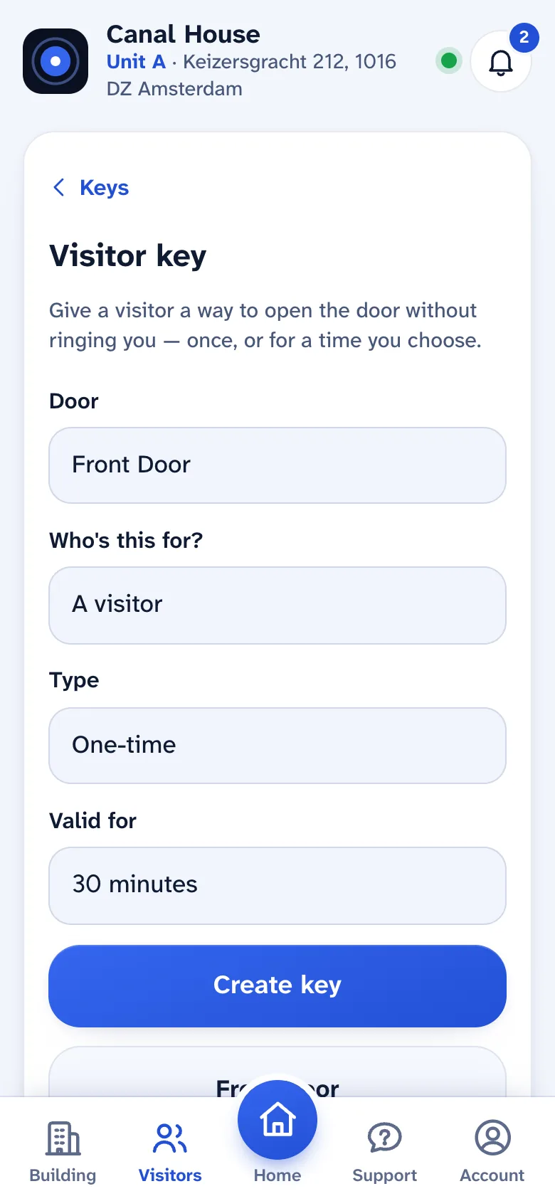 The resident app's visitor key form: door, who it is for, type and how long it is valid.