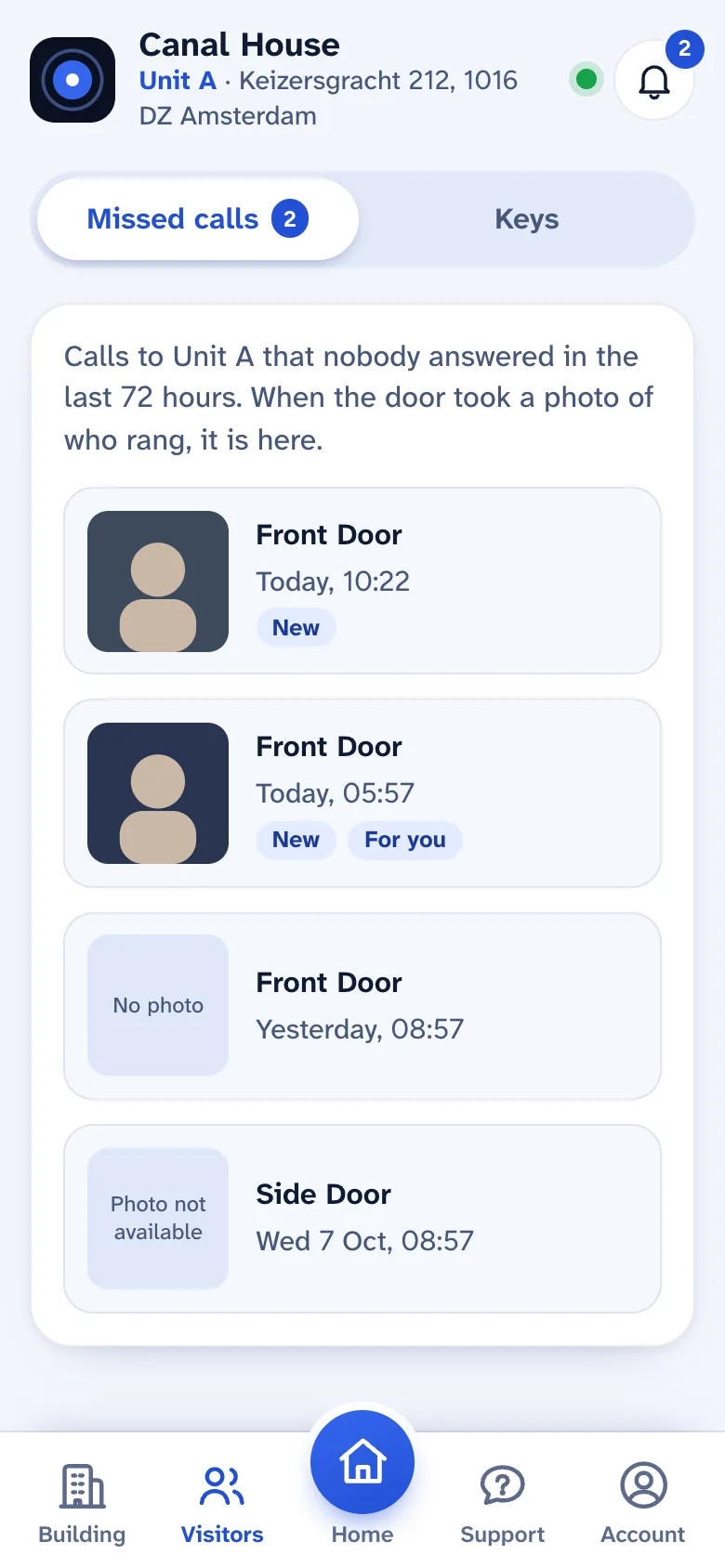 The resident app's missed calls list, with the time of each call and a photo of who rang.