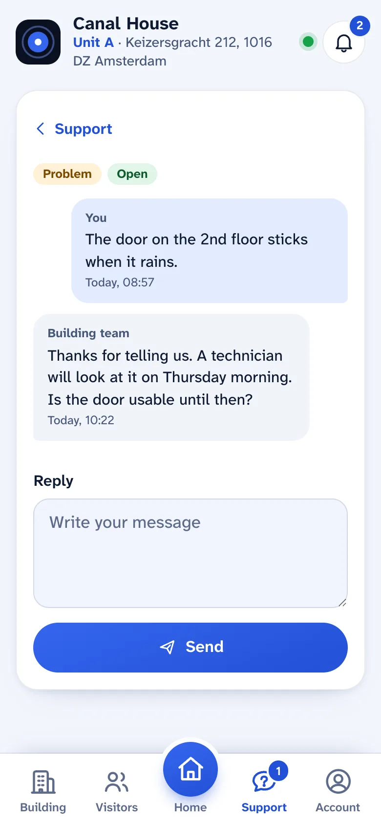 A support conversation in the resident app, with a reply from the building team.